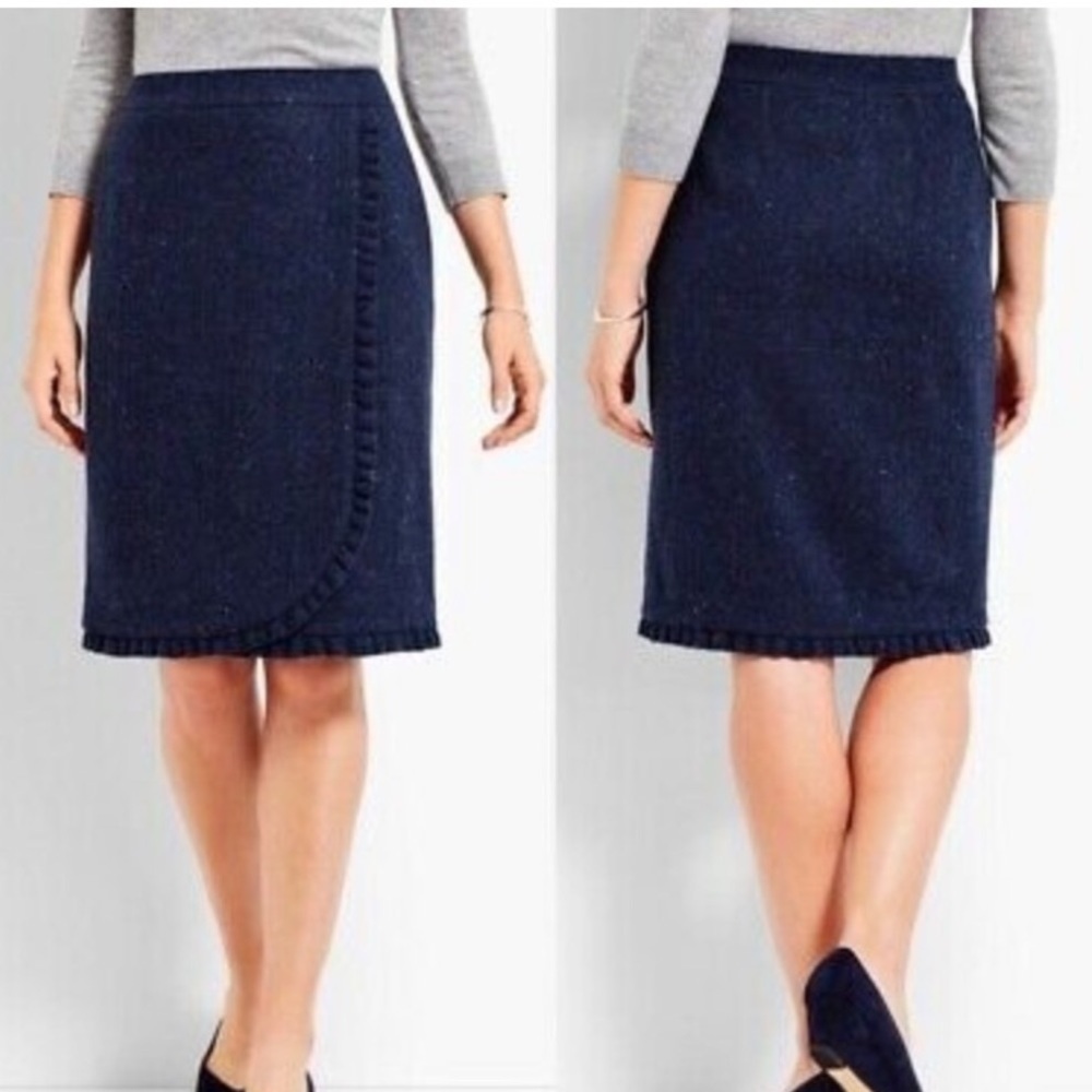 TALBOTS Blue Wool Blend Faux Wrap Skirt Donegal Tweed Shetland Ruffle Size 14
